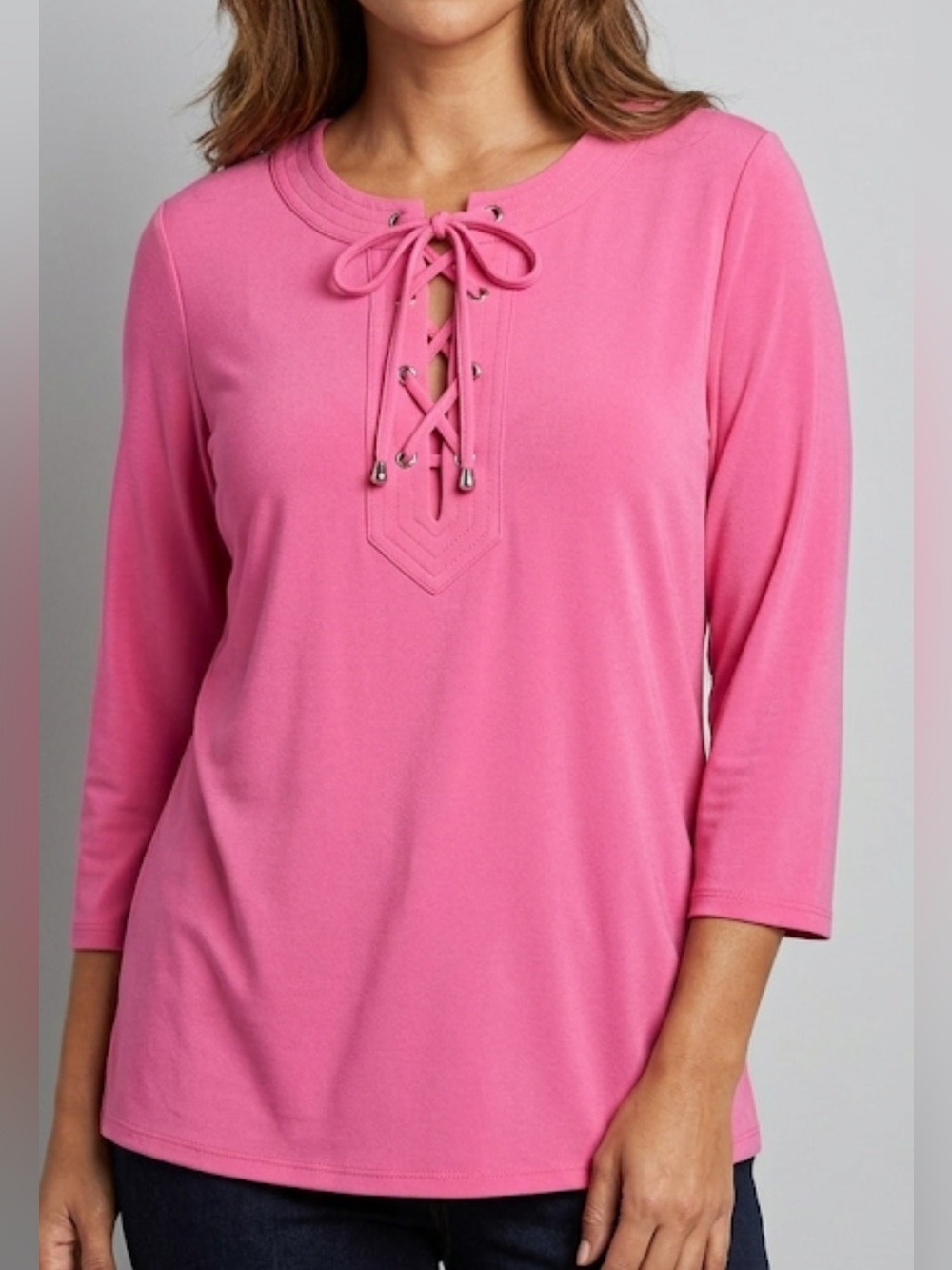 JM Collection NWT Pink Lace-Up Knit Top 3/4 Sleeve Stretch Blouse Size Medium